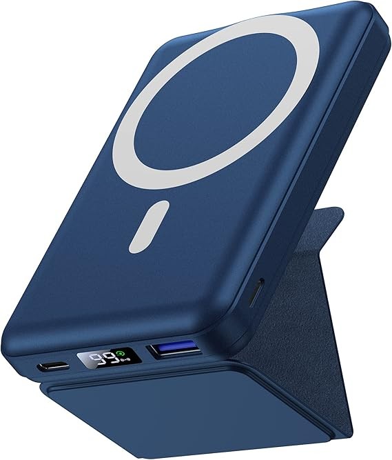 Yiisonger Magnetic Wireless Portable Charger, Foldable 10000mAh Battery Pack with USB-C Cable LED Display, Mag-Safe Power Bank 22.5W PD Fast Charging for iPhone 15/14/13/Pro/Mini/Pro Max (Blue)